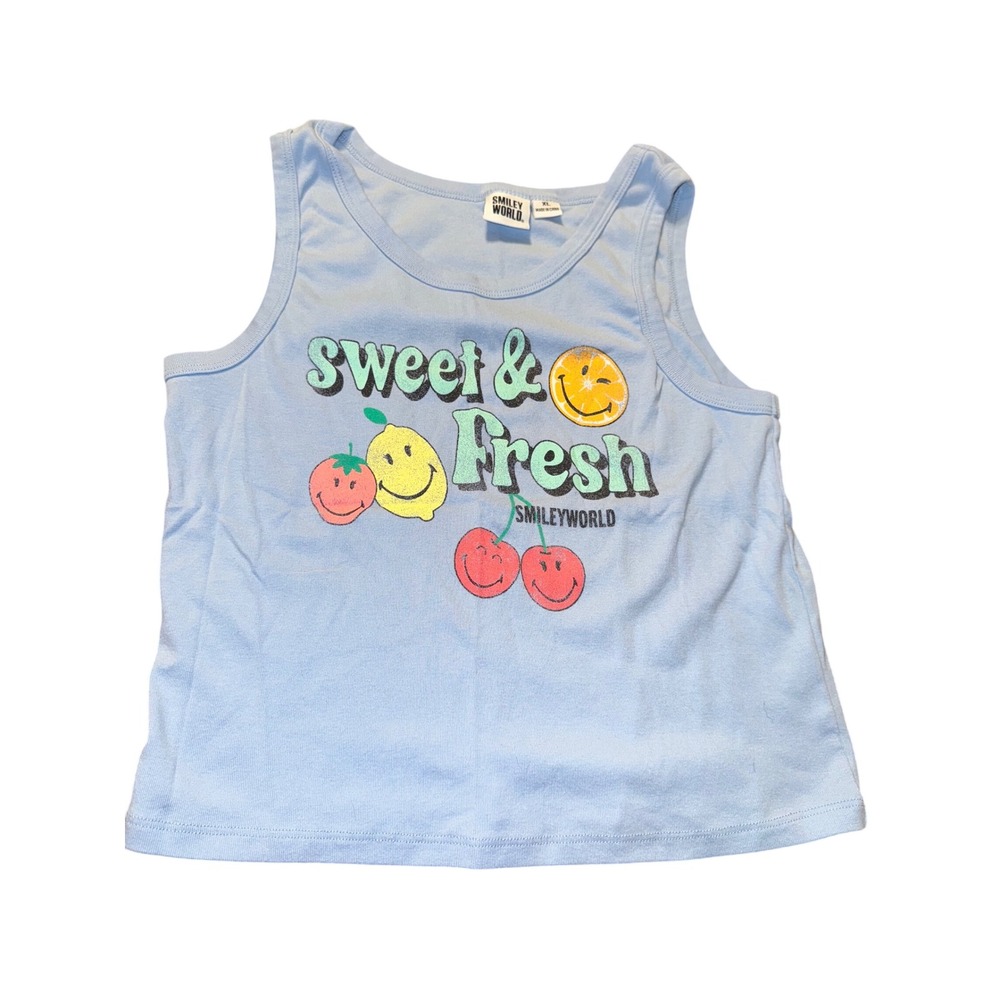 Smiley World Blue Graphic Tank Top Women's XL Sweet Fresh Fruit Print‎